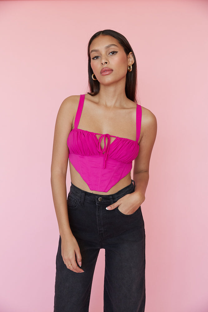 pink and black ruched corset crop top