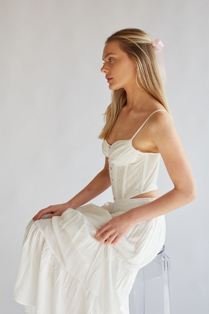 white spag strap bustier corset top with mini roses | bridal corset top with roses