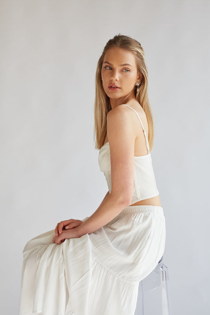 angelic white corset top with sheer mesh panels and ruched bustier cups | lana del rey aesthetc outfits