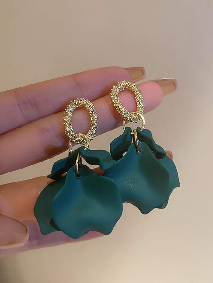 Dark Green Abstract Drop Earrings – Gold Textured Oval Stud Earrings – Statement Women Fashion Jewelry