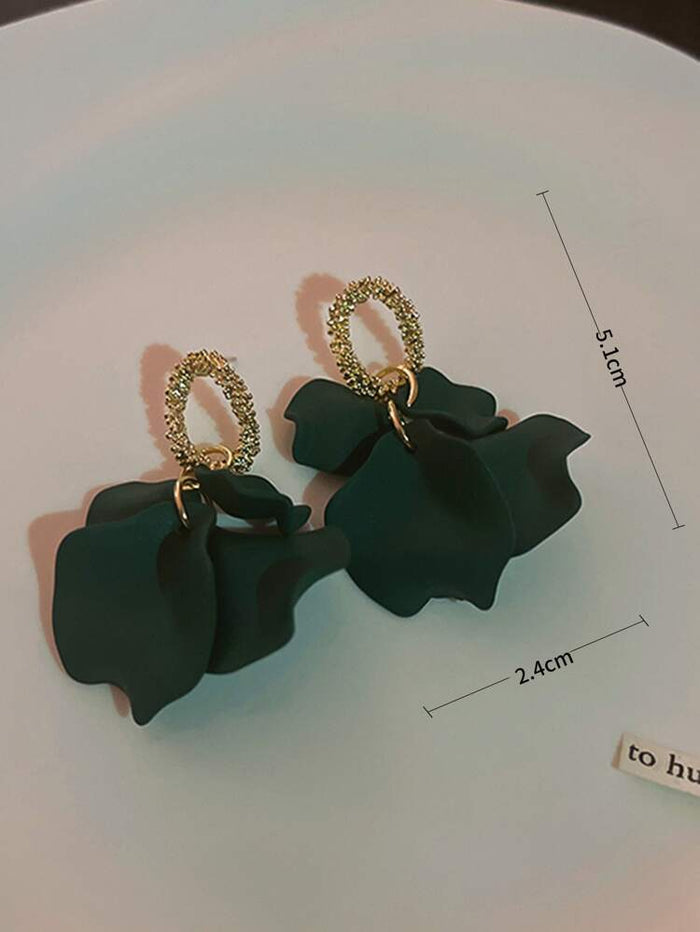 Dark Green Abstract Drop Earrings – Gold Textured Oval Stud Earrings – Statement Women Fashion Jewelry