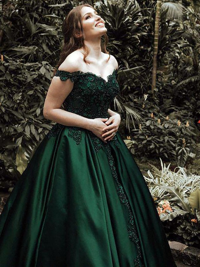 Dark Green Off Shoulder Lace Prom Gown, Off Shoulder Lace Formal Dresses, Green Evening Dresses