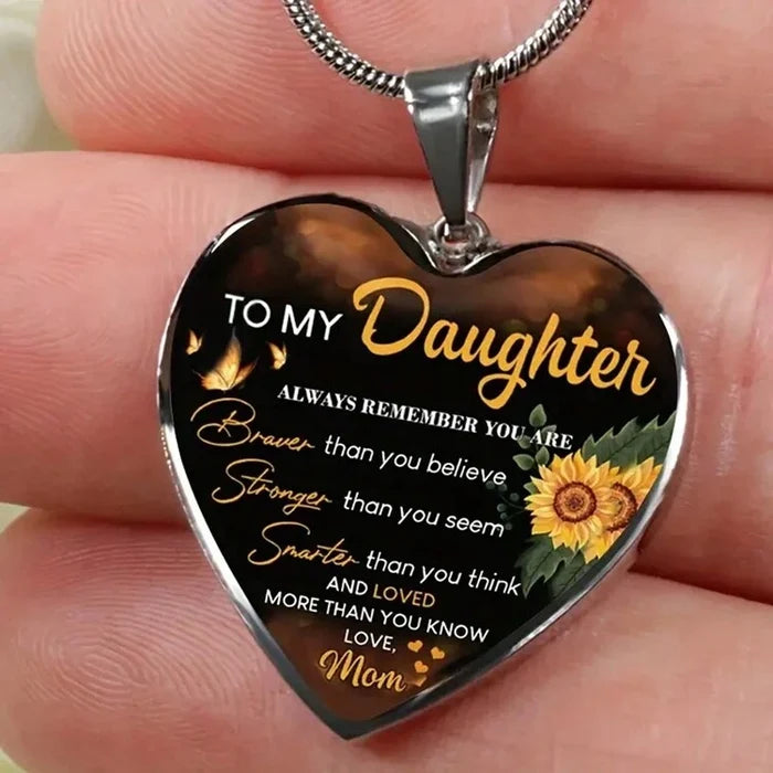 Daughter Heart Pendant Necklace – Engraved Love Message Necklace – Silver Chain Gift for Daughter