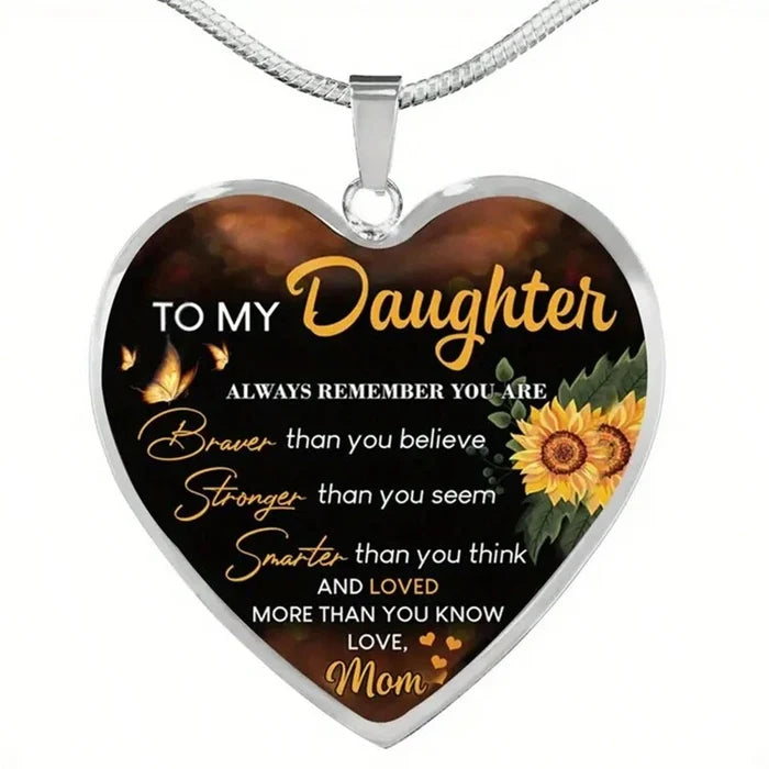 Daughter Heart Pendant Necklace – Engraved Love Message Necklace – Silver Chain Gift for Daughter