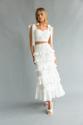 Front view | white bow strap Bustier top with tiered ruffle skirt(set) | vacation dress