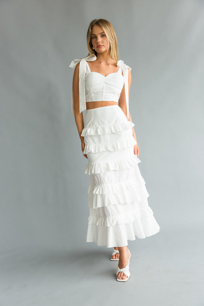 Front view | white bow strap Bustier top with tiered ruffle skirt(set) | vacation dress