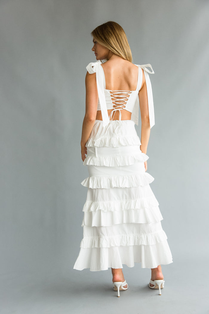 back view | white bow strap Bustier top with tiered ruffle skirt(set) | vacation dress