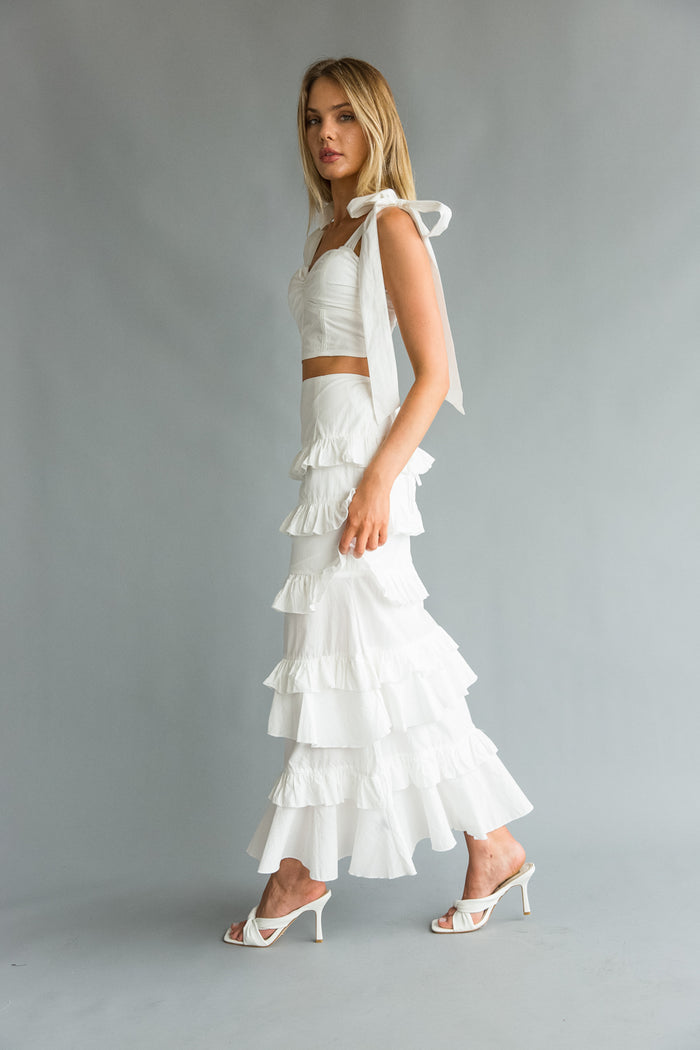 side view|  white bow strap Bustier top with tiered ruffle skirt(set) | vacation dress