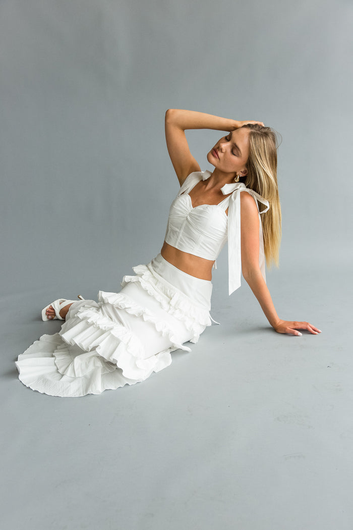 front view | white bow strap Bustier top with tiered ruffle skirt(set) | vacation dress