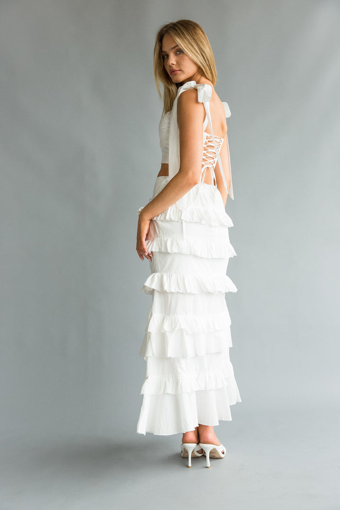 side view | white bow strap Bustier top with tiered ruffle skirt(set) | vacation dress