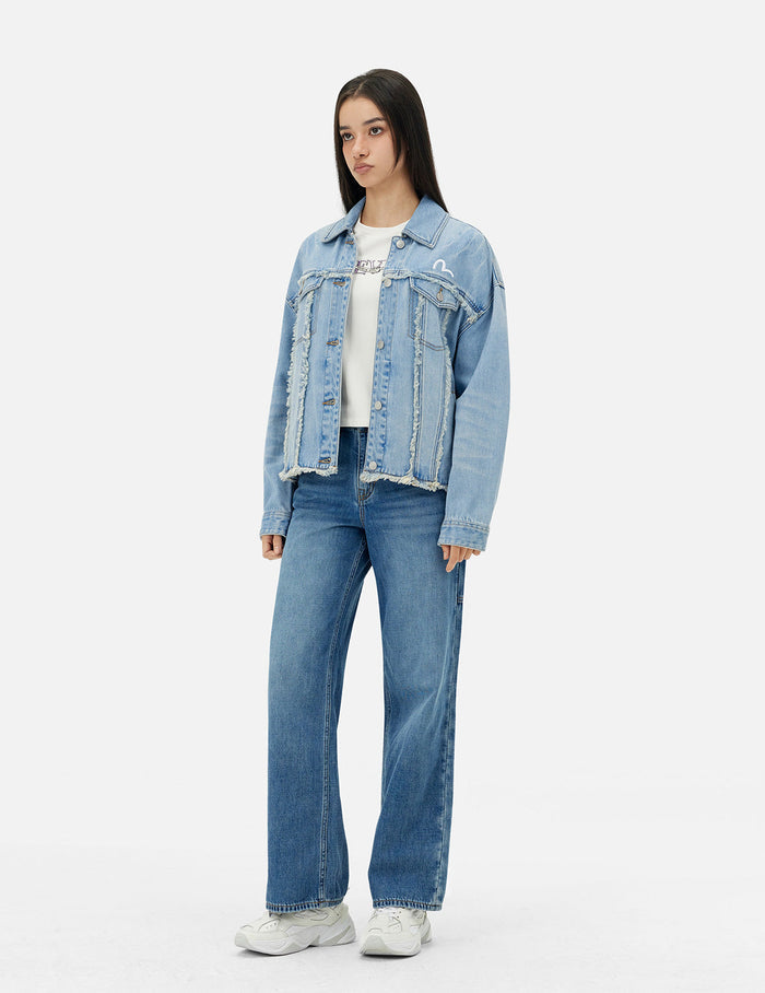 Deconstructed Logo and Seagull Embroidery Oversized Denim Jacket