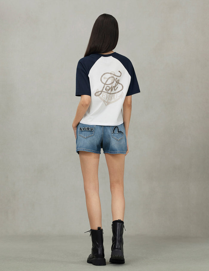 Deconstructed Seagull and Logo Applique Relax Fit Denim Shorts
