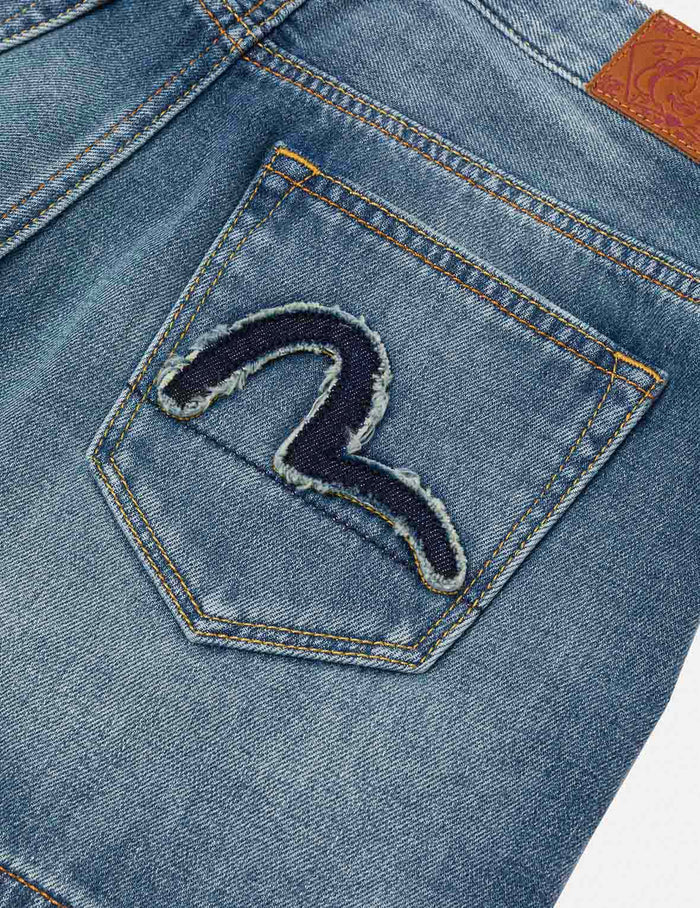 Deconstructed Seagull and Logo Applique Relax Fit Denim Shorts
