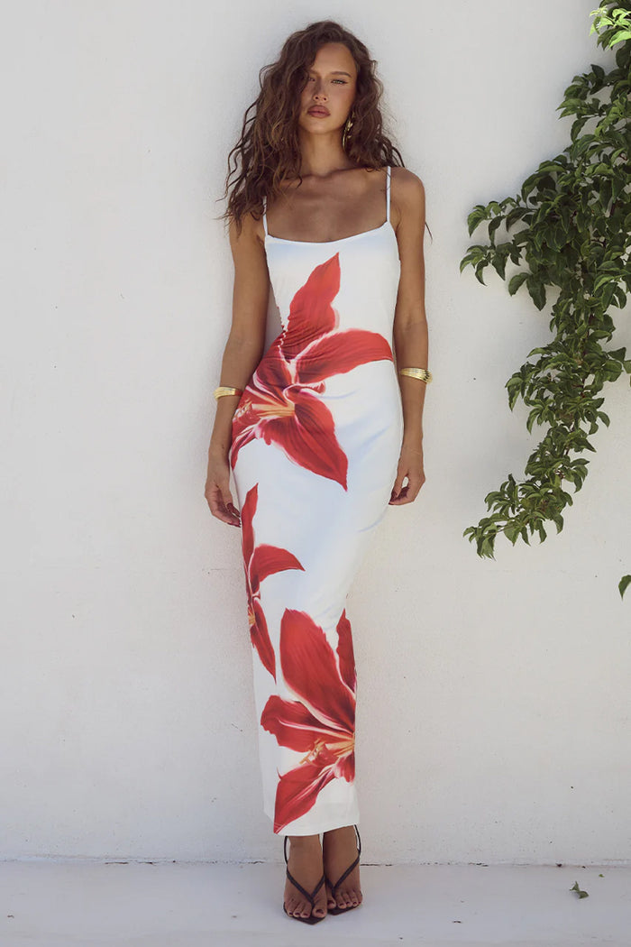 floral-image | front-image | floral print dress | front view showcasing the white dress with vibrant red floral print, perfect for sunny outings.