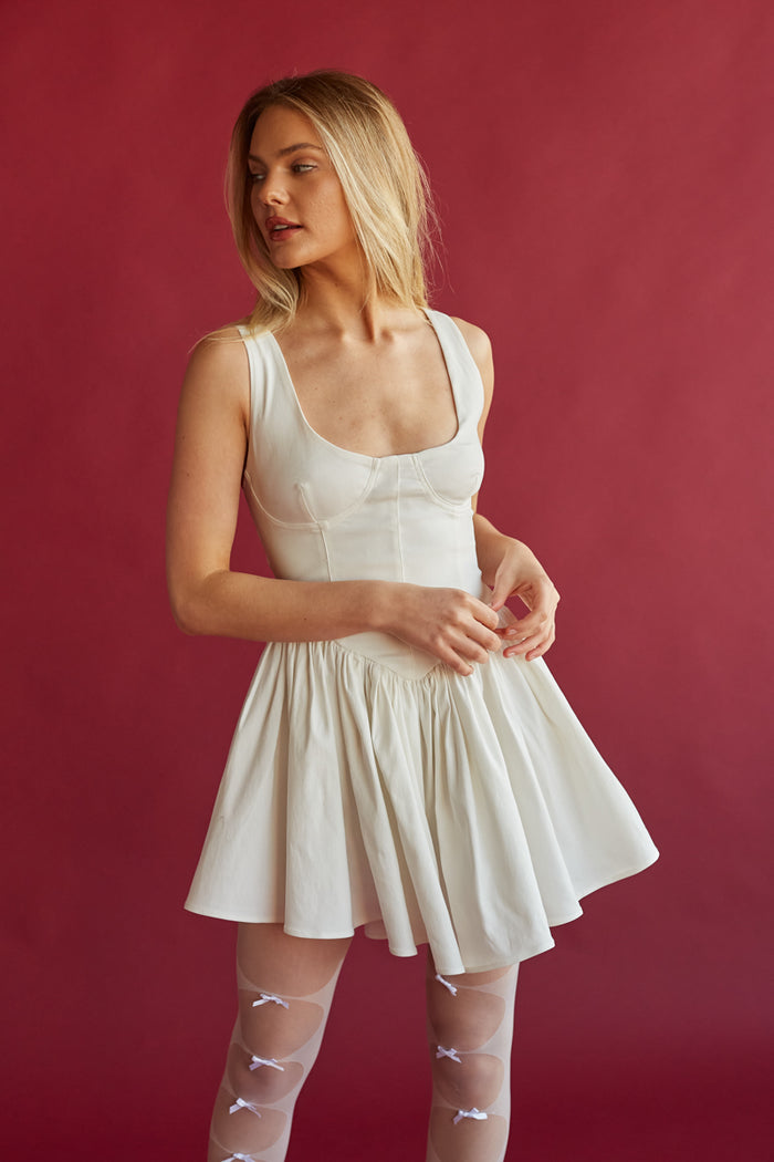 white-image | deep scoop neckline corset bodice mini dress with flared mini skirt | white mini dresses for 2024 brides and bachelorettes