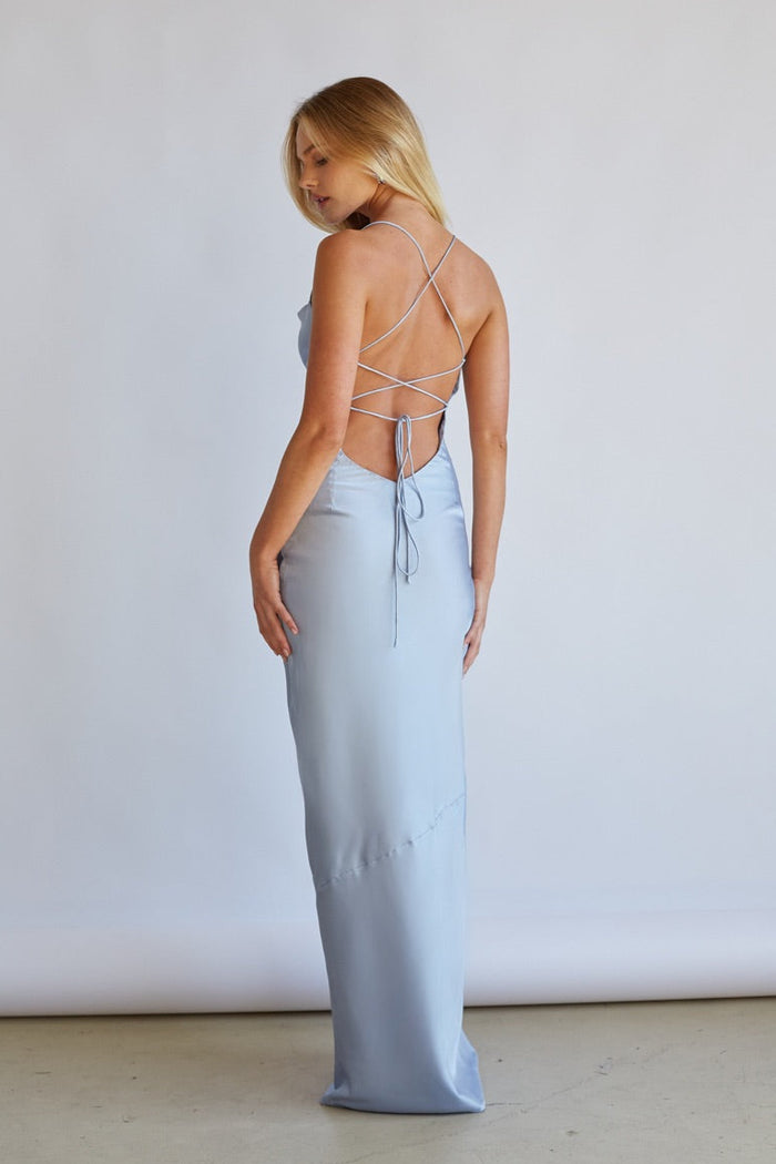 Back-image | Satin Slip Maxi Dress | back view emphasizing the sleek, simple design with thin adjustable straps and a smooth finish.
