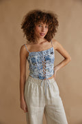 blue floral satin corset top with lace up top | bridgerton aesthetic corset top