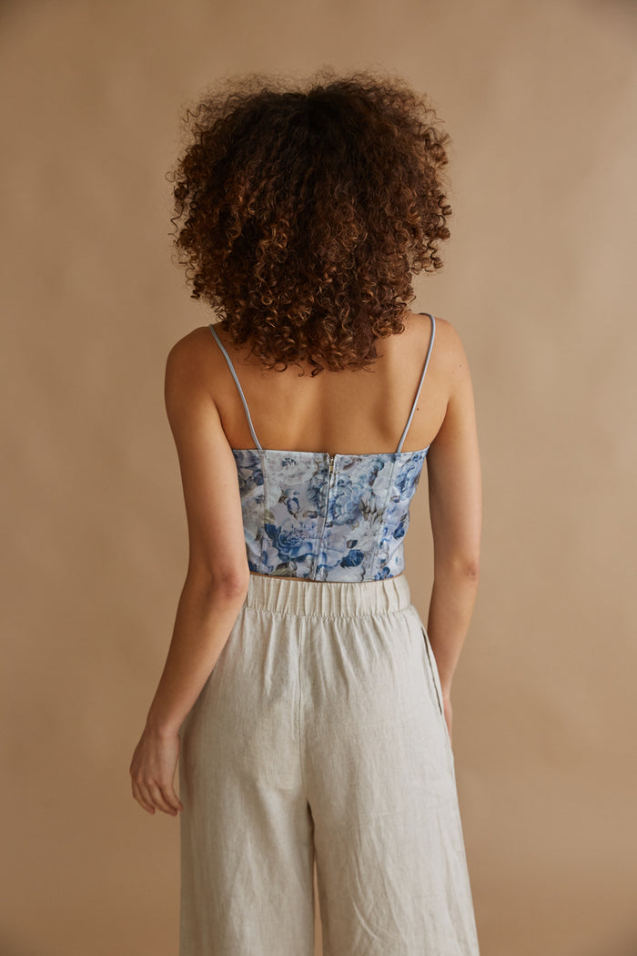 english blue floral print satin corset top | blue corset tops