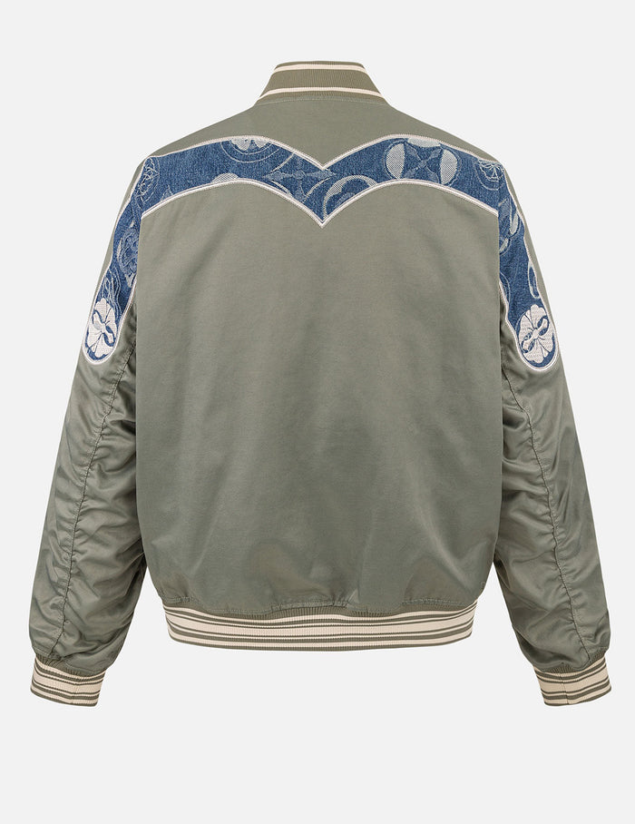 Denim Inserted Daicock with Kamon Embroidery Regular Fit Bomber Jacket