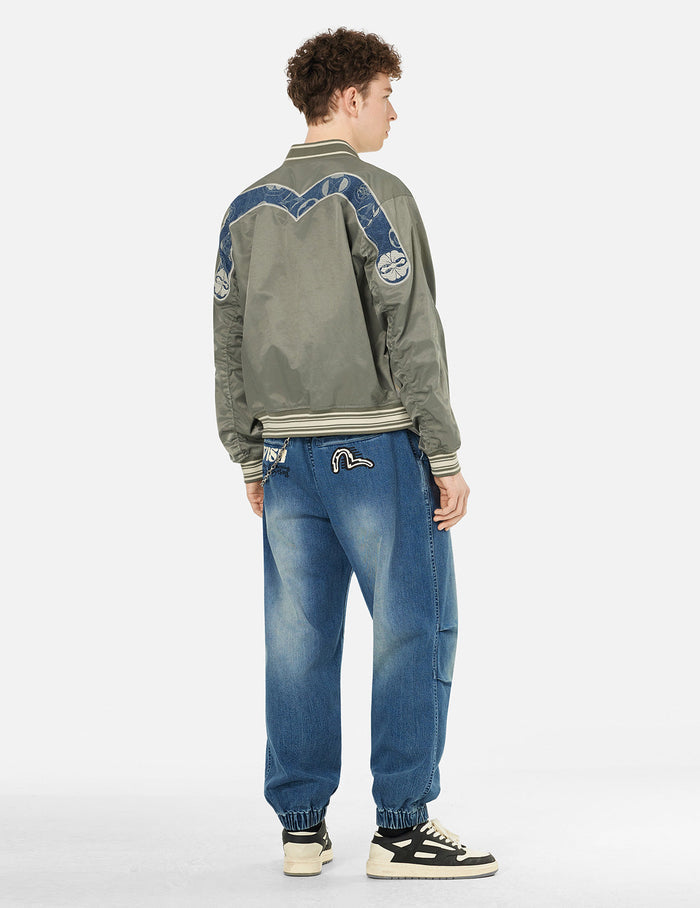 Denim Inserted Daicock with Kamon Embroidery Regular Fit Bomber Jacket