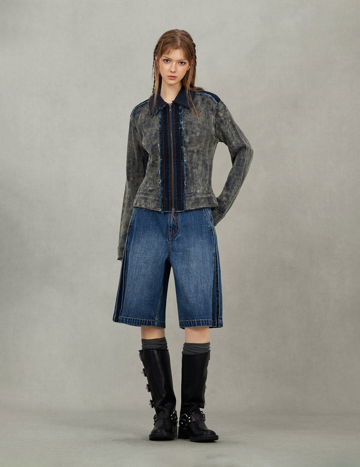 Denim Panelled Fashion Fit Zip-Up Cardigan