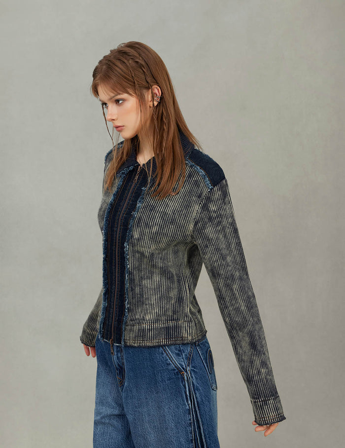 Denim Panelled Fashion Fit Zip-Up Cardigan