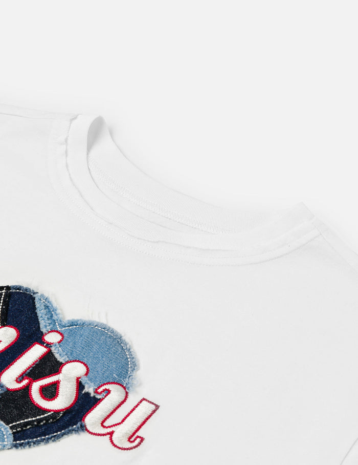Denim Patchwork Heart and Logo Embroidery Drop Shoulder T-Shirt