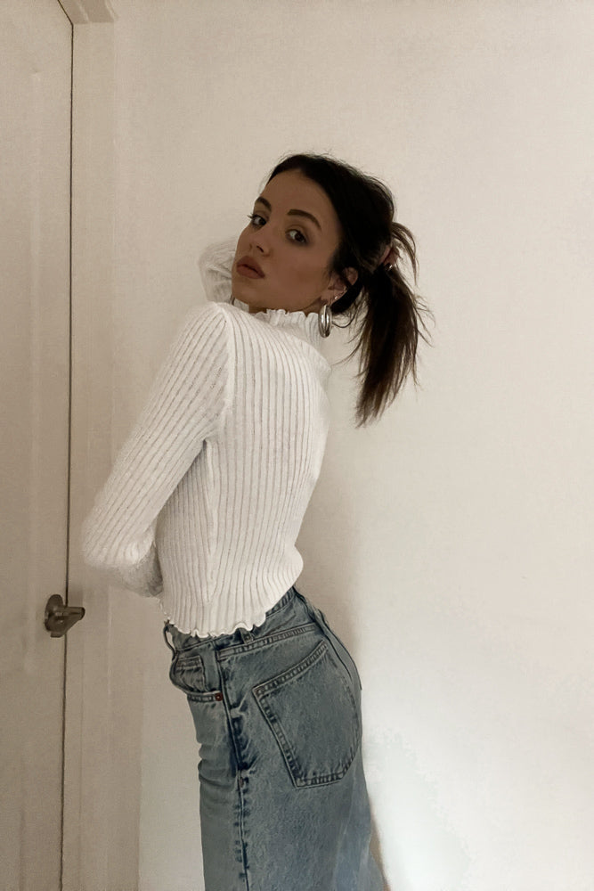 white mock neck top