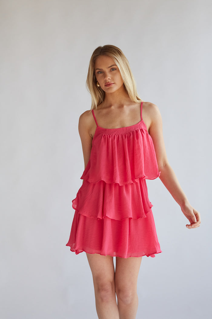 fuchsia tiered ruffle romper with spaghetti strap | what to wear for rush 2024