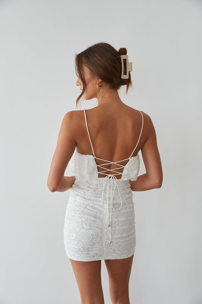 white lace graduation dress - criss cross back mini dress - white lace sorority rush dress