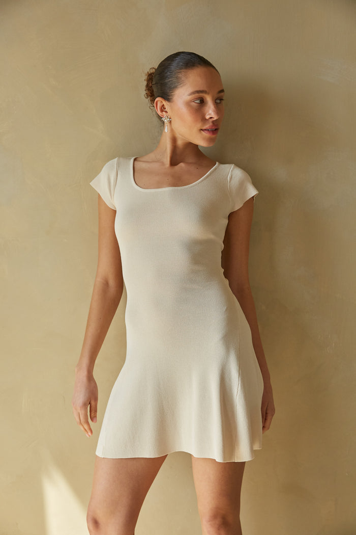 cream short sleeve sweater dress | scoop neck mini dress for back to school