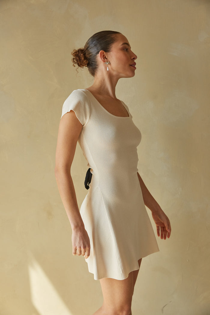 cream knit mini dress with black bow | coquette mini dress
