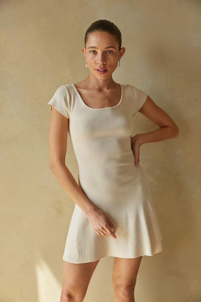 ivory cap sleeve fit and flare sweater mini dress