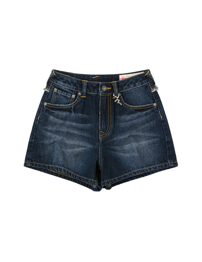 Distressed Kamon and Seagull Appliqué Embroidery Fashion Fit Denim Shorts