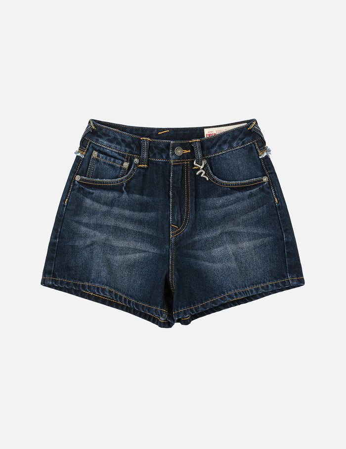 Distressed Kamon and Seagull Appliqué Embroidery Fashion Fit Denim Shorts