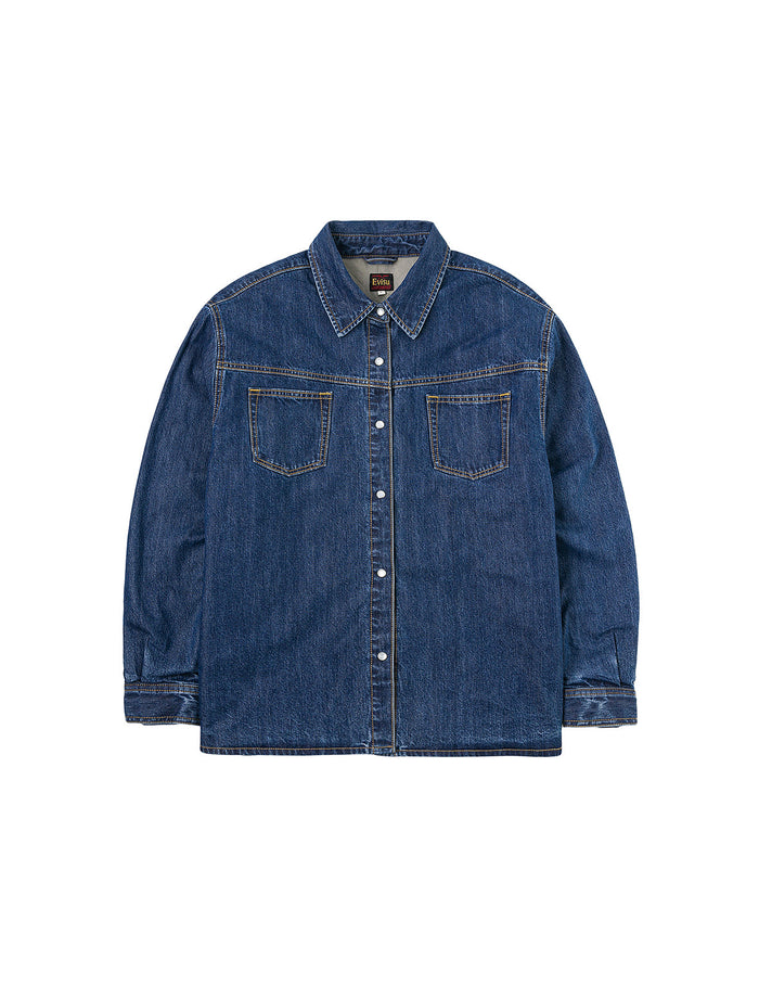 Distressed Logo Appliqué Embroidery Relax Fit Denim Shirt