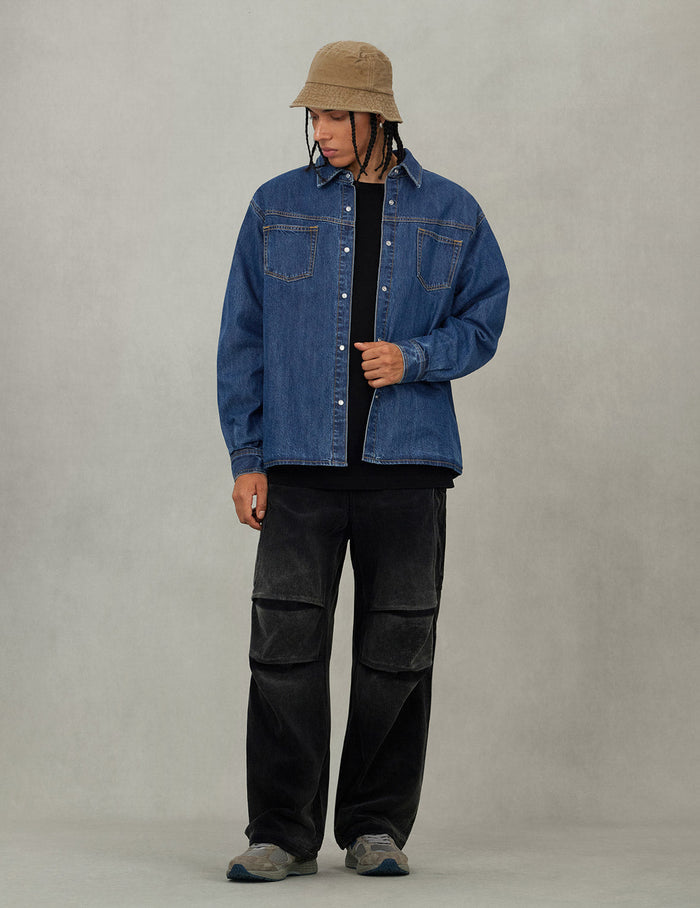Distressed Logo Appliqué Embroidery Relax Fit Denim Shirt