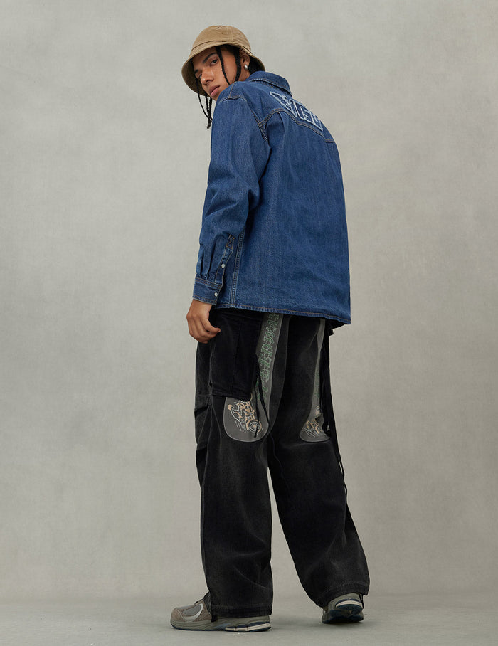 Distressed Logo Appliqué Embroidery Relax Fit Denim Shirt