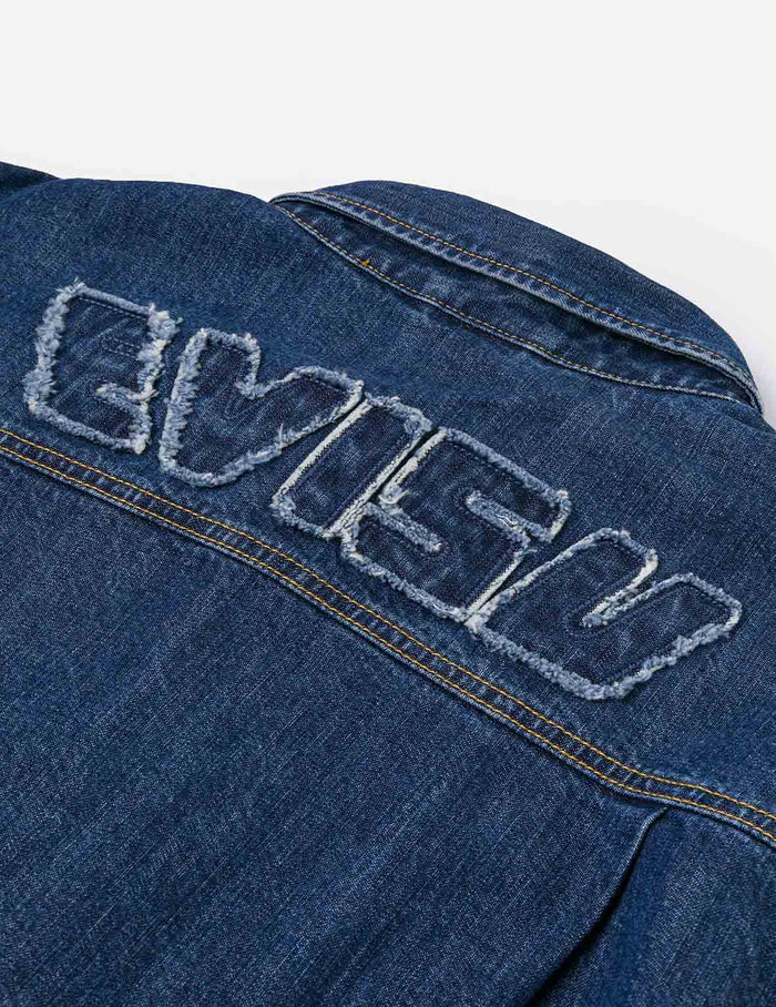 Distressed Logo Appliqué Embroidery Relax Fit Denim Shirt