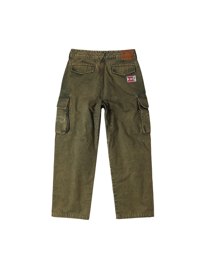 Distressed Seagull Appliqué Embroidery and Multi-Pocket Loose Fit Cargo Pants