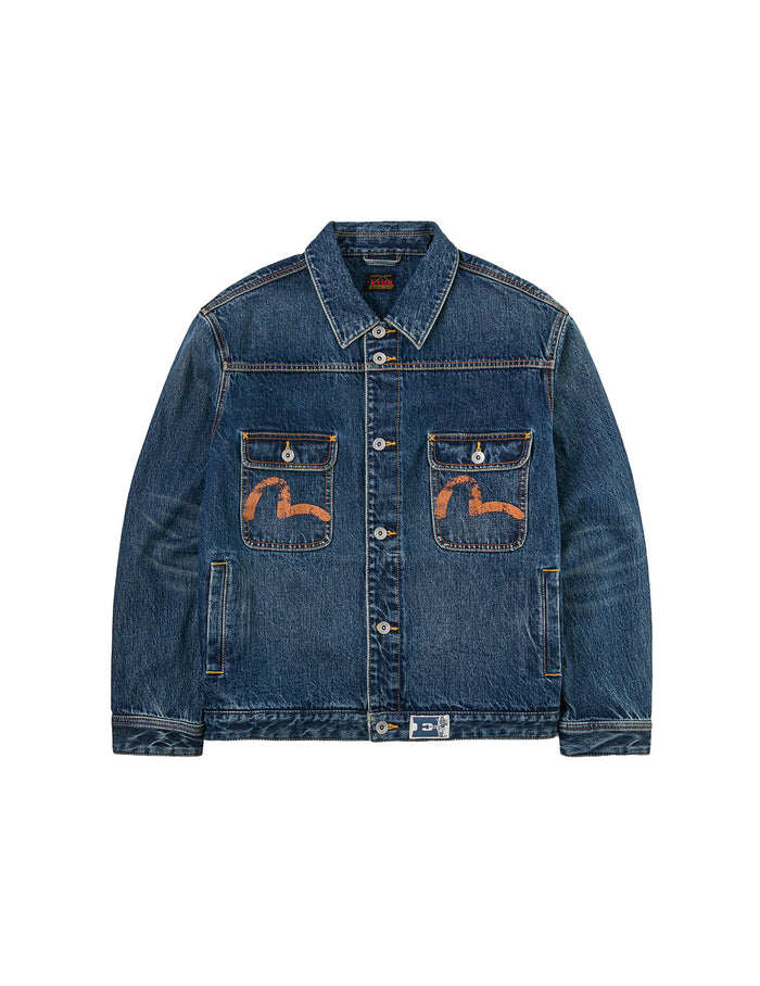 Distressed Seagull Print and Frayed Logo Patch Embroidery Relax Fit Denim Jacket