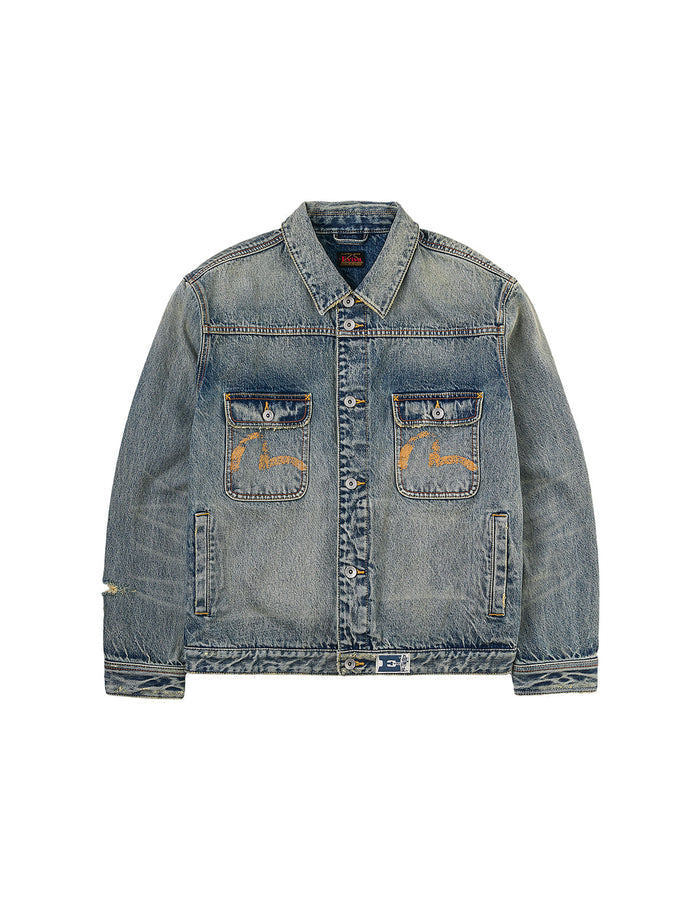 Distressed Seagull Print and Frayed Logo Patch Embroidery Relax Fit Denim Jacket