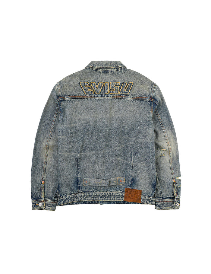 Distressed Seagull Print and Frayed Logo Patch Embroidery Relax Fit Denim Jacket