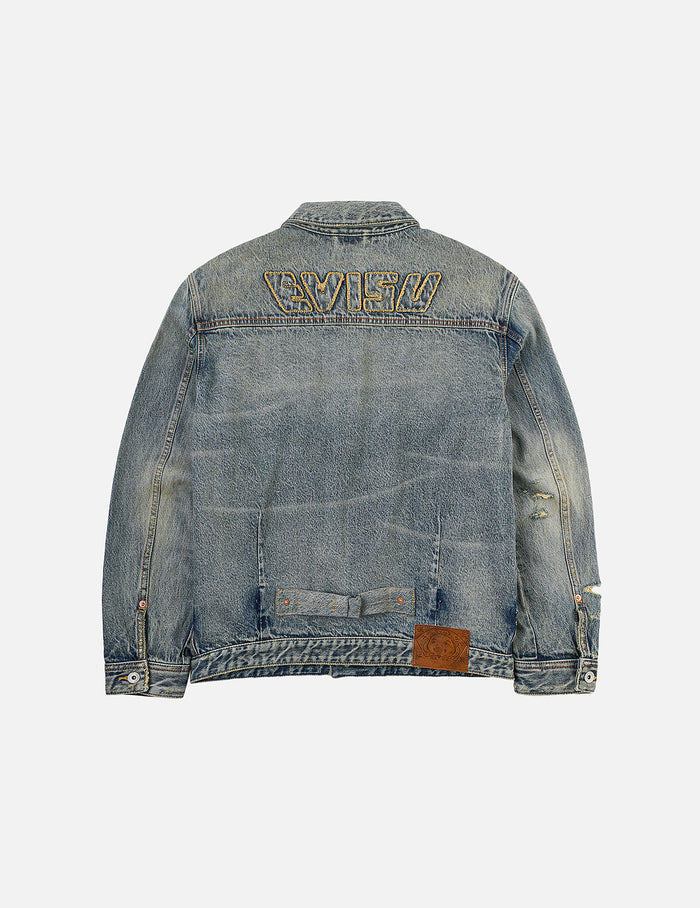 Distressed Seagull Print and Frayed Logo Patch Embroidery Relax Fit Denim Jacket