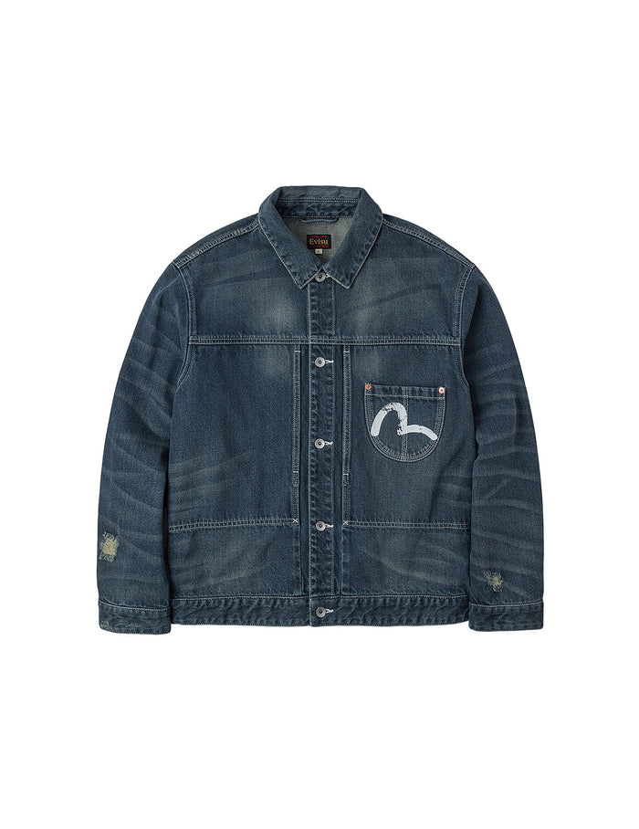 Distressed Seagull Print Relax Fit Washed Seagull Pocket Denim Jacket