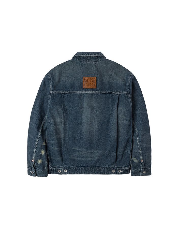Distressed Seagull Print Relax Fit Washed Seagull Pocket Denim Jacket