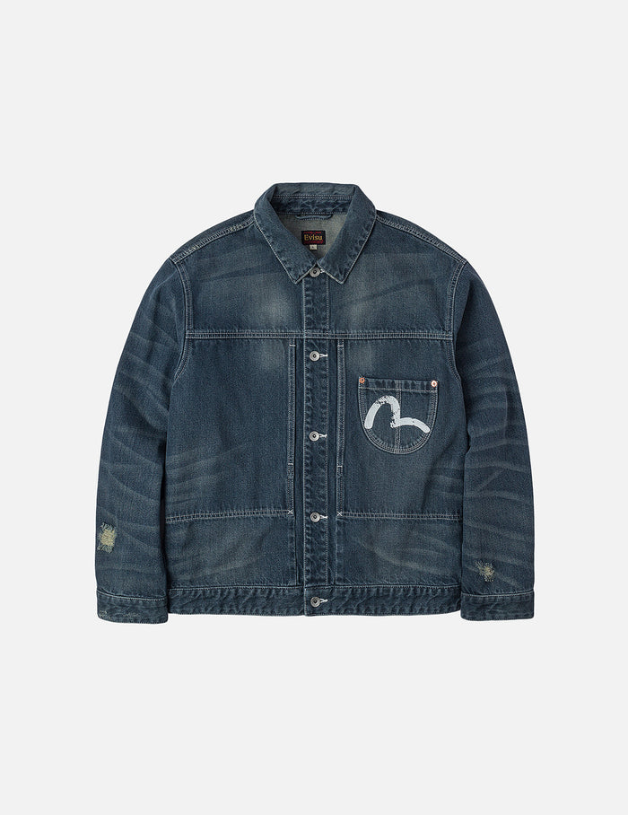 Distressed Seagull Print Relax Fit Washed Seagull Pocket Denim Jacket