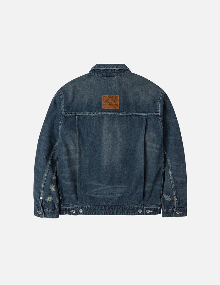 Distressed Seagull Print Relax Fit Washed Seagull Pocket Denim Jacket