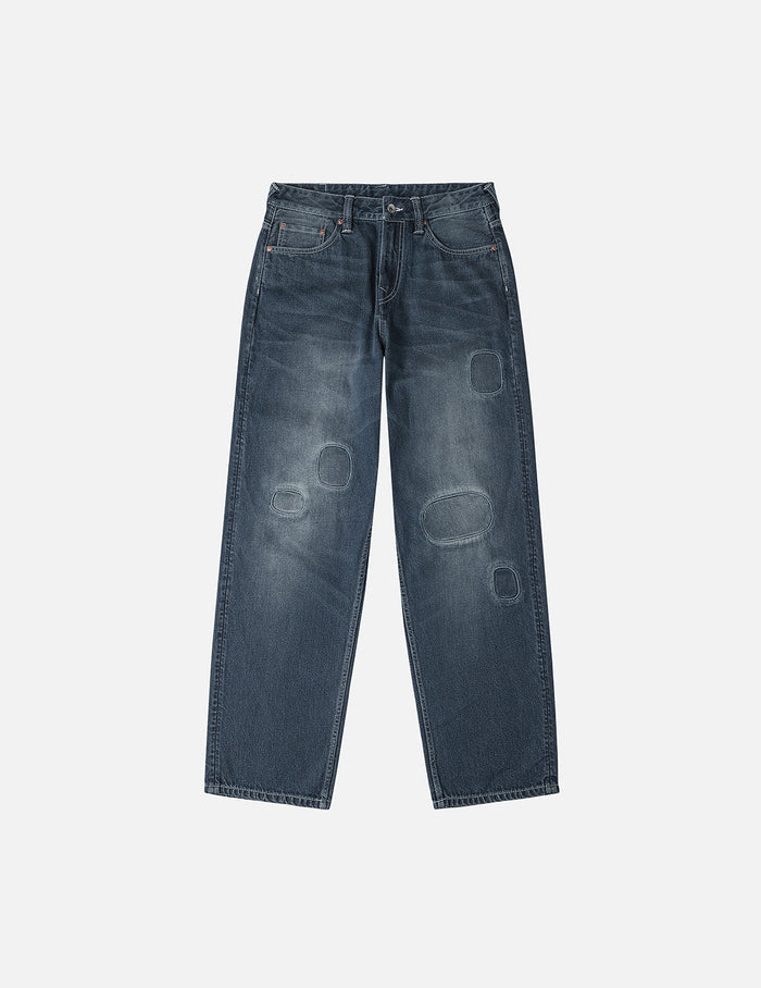 Distressed Seagull Print with Irregular Patches Loose Fit Denim Jeans