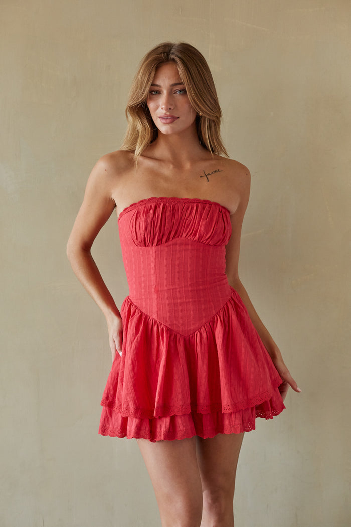 red-image | Front-image | Bustier Mini Dress | front view emphasizing the structured bustier design and flared, ruffled hem of the mini dress.